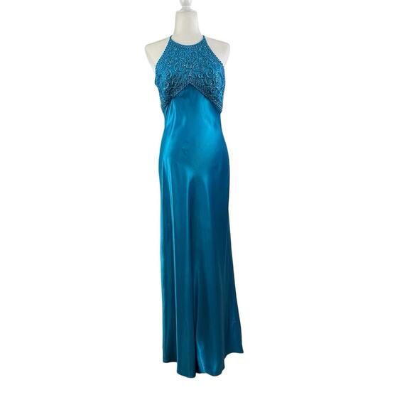 Vintage Morgan And Co Blue Satin Maxi Formal Dress 9/10 Open Back Prom Y2K 90s - Picture 16 of 16